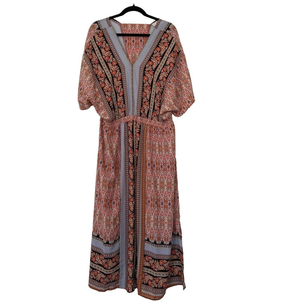 Belle Boho by Kim Gravel Regular Lotus Sunrise Border Maxi Dress Size LP